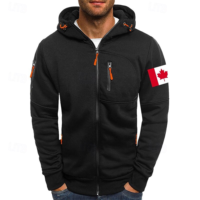 Men's Hoodie Full Zip Hoodie Black White Wine Army Green Navy Blue Hooded National Flag Zipper Pocket Sports & Outdoor Daily Holiday Polyester Streetwear Basic Casual Spring Autumn / Fall Clothing2