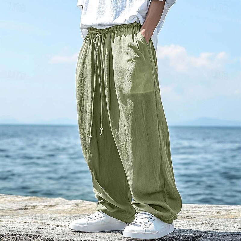 Men's Linen Pants Trousers Summer Pants Drawstring Elastic Waist Straight Leg Plain Comfort Breathable Full Length Outdoor Casual Daily Fashion Classic Style Black Navy Blue Inelastic