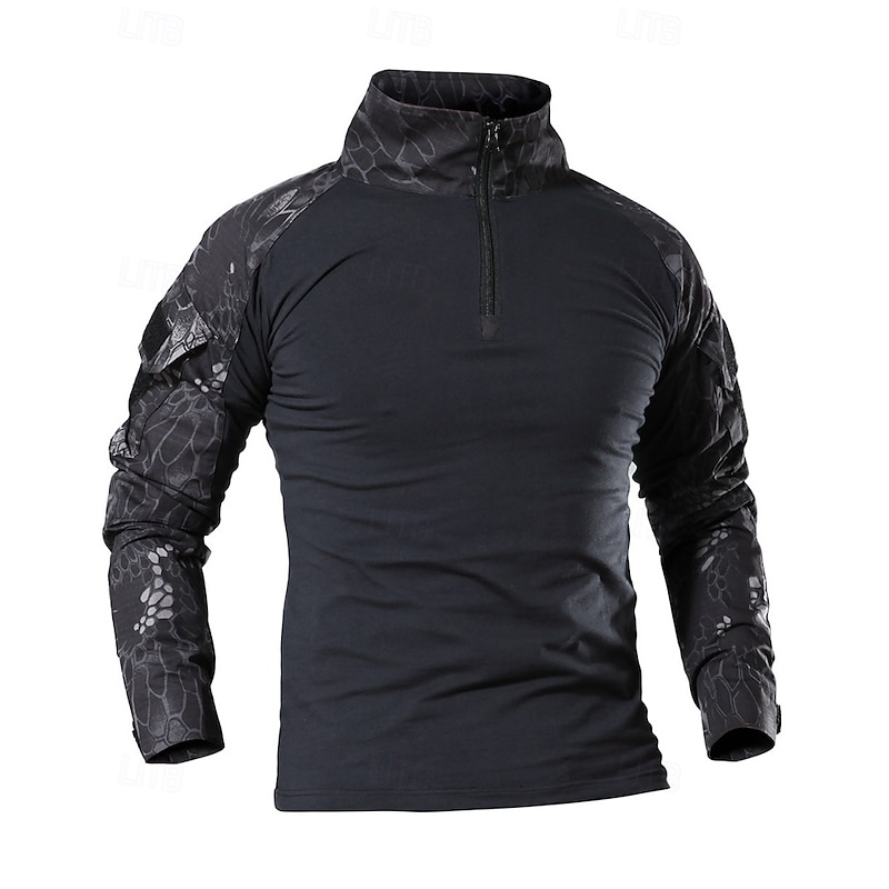 Men's Half-Zipped Sweatshirt Military Sweatshirt Long Sleeve Stand Collar Top Outdoor Breathable Cotton Blend Camo Dark Grey Python Black Black Traveling Running4