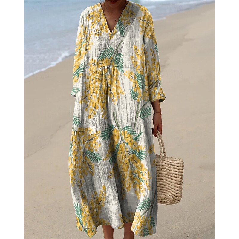 Women's Midi Dress Casual Dress Print Dress Fashion Modern Daily Beach Weekend Regular Fit Flower Long Sleeve V Neck Yellow Light Green Pink Blue Spring Fall4