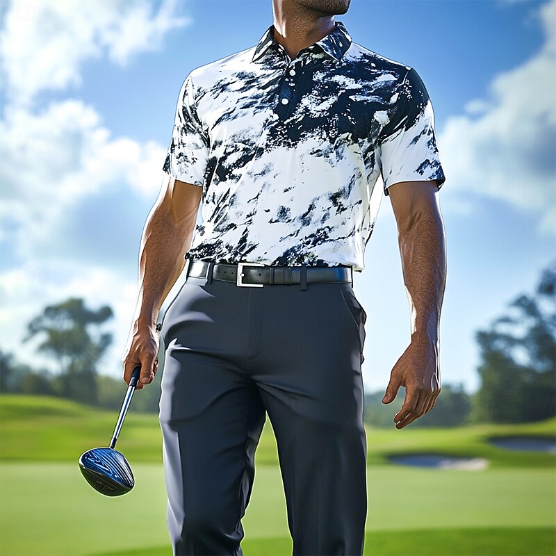 Men's Sports Polo Shirts Casual Sports Lapel Short Sleeve Vertical Stripes Buttons Summer Regular Fit White Sports Polo Shirts