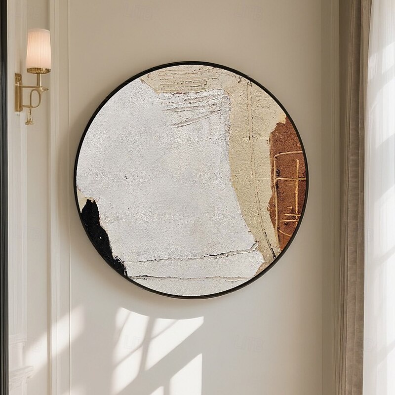 Handmade Circular Oil Painting Abstract Textured Pattern Surface With Geometric Details Modern Wall Art In Calming Ivory Beige Espresso Palette Ready To Hang Artisan Crafted Stretched painting4