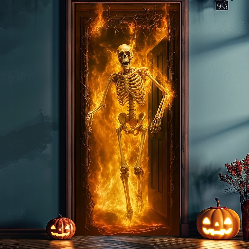 Halloween Door Cover – Fiery Skeleton in Flames, Haunted House Entrance Banner, Scary Outdoor & Indoor Decoration for 2025 Halloween Bedroom, Living Room, Bathroom2