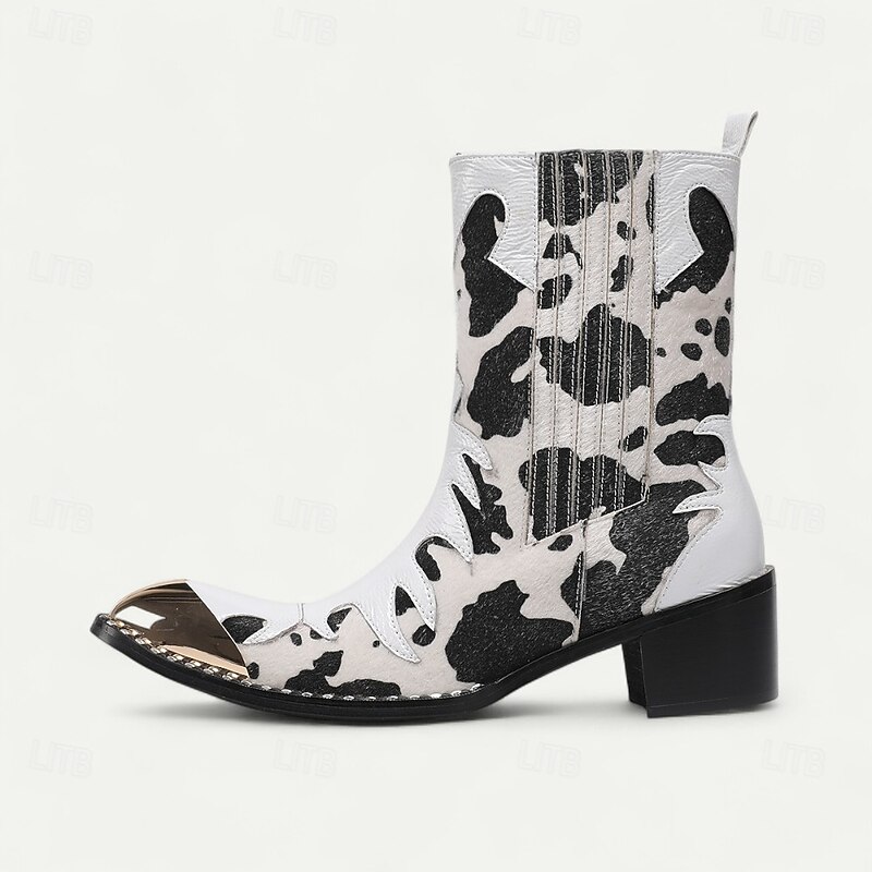 Men's Cow Print Genuine Cowhide Western Boots with Metal Toe Cap Statement Rodeo Style Cowboy Boots for Stage Parties and Fashion Events3