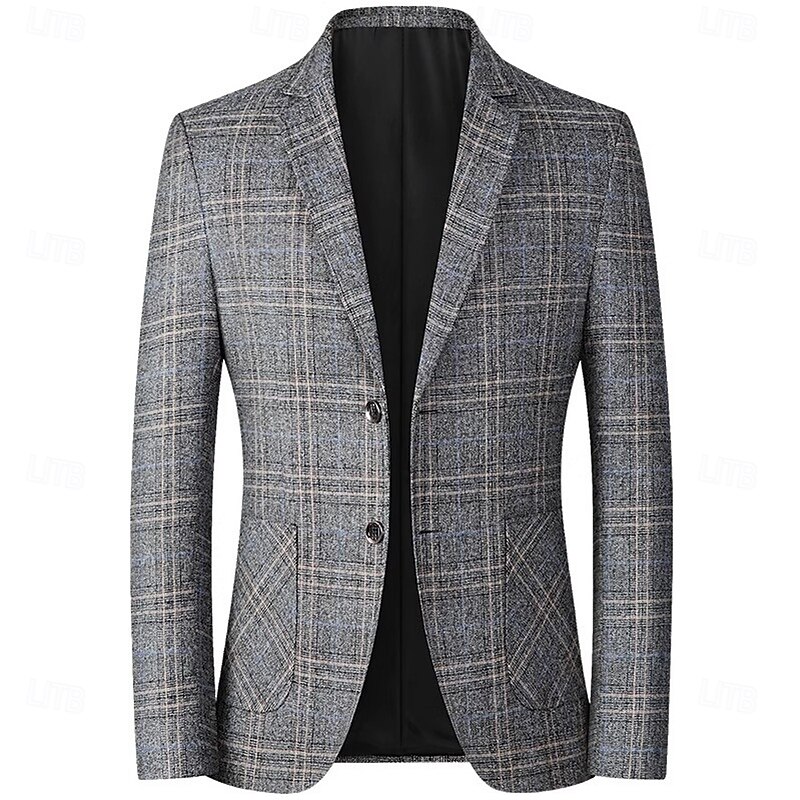 Men's Blazer Jacket School Formal Performance Classic All Seasons Polyester Vicose Plaid No-Iron Single Breasted Two-button Blazer Coffee Gray2