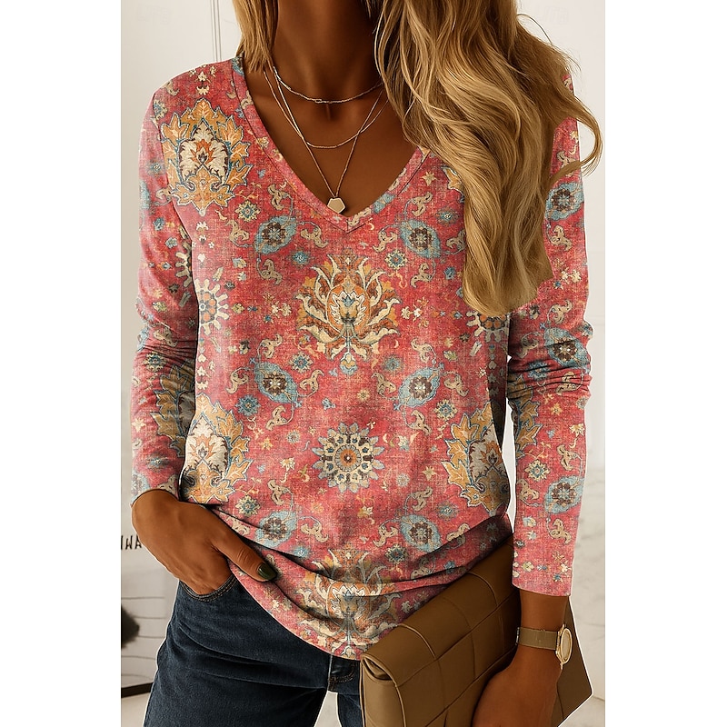 Women's T shirt Long Sleeve V Neck Long Sleeve Tunic Graphic Paisley Vintage Stylish Classic Regular Tops Daily Print Pink Red Blue Purple Green Spring Fall Prefall