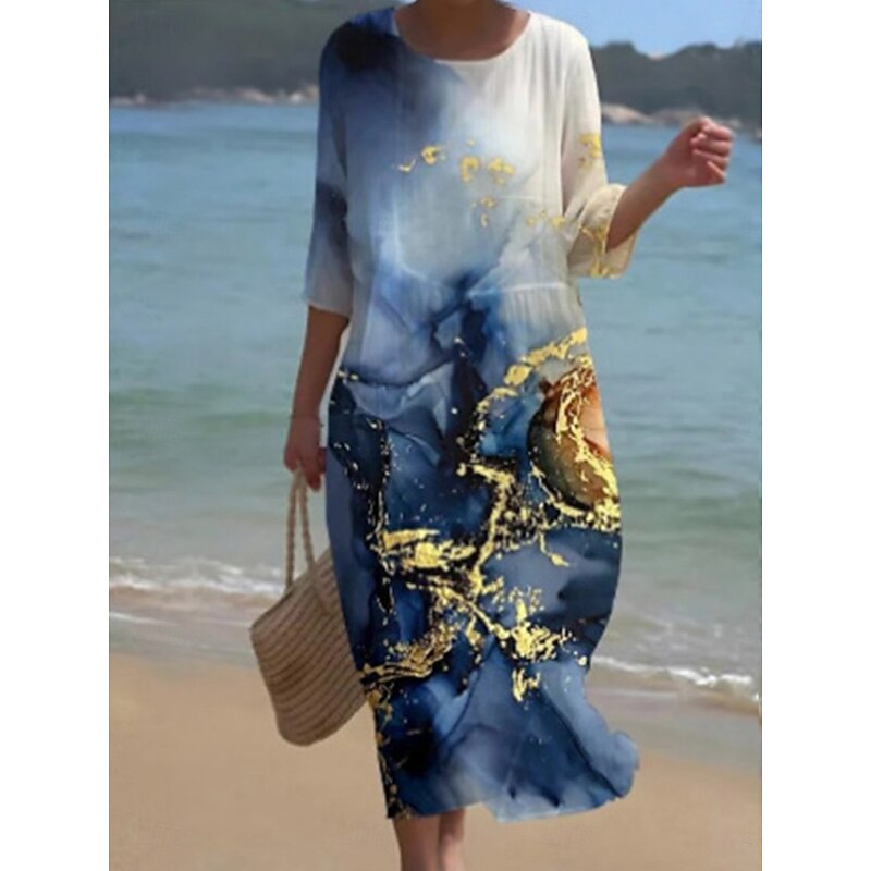 Women's Midi Dress Casual Dress Print Dress Fashion Modern Daily Beach Weekend Regular Fit Ombre Floral 3/4 Length Sleeve Crew Neck Royal Blue Blue Green Spring Fall Autumn2
