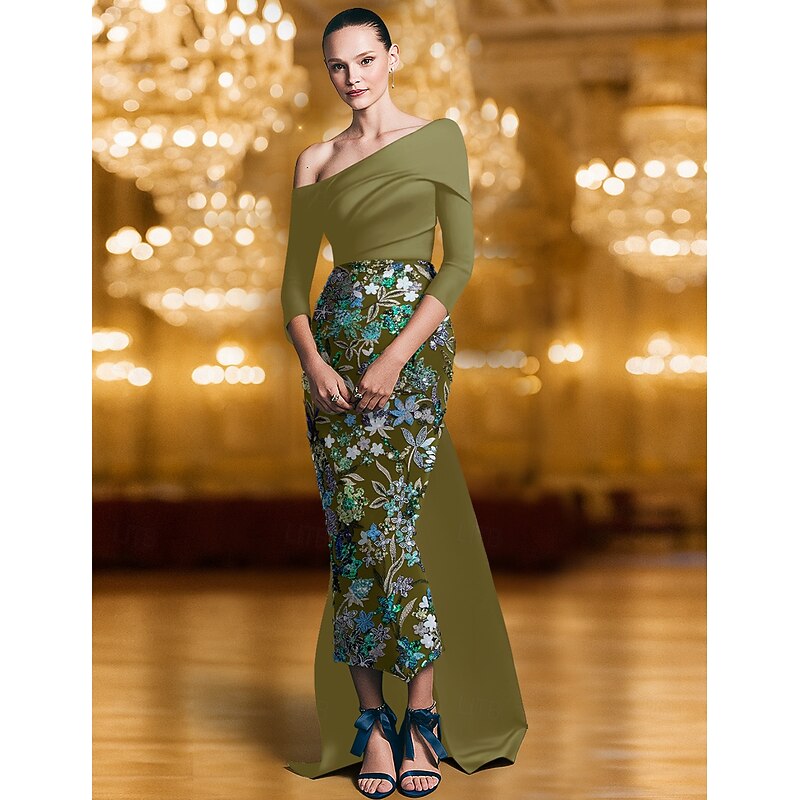 Embroidered Floral Mermaid Evening Gown Elegant Dress Formal Wedding Floor Length Long Sleeve Shirt Collar Stretch Crepe with Glitter Appliques4