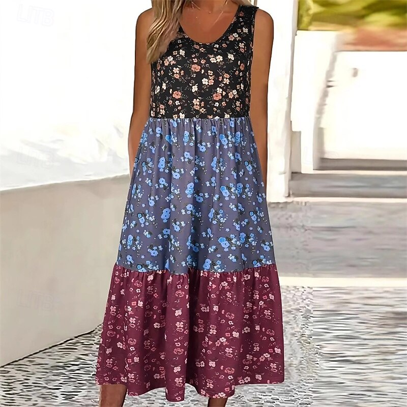Women's Midi Dress Casual Dress Summer Dress Fashion Modern Daily Beach Weekend Regular Fit Color Block Flower Sleeveless Crew Neck Blue Green Spring Fall2