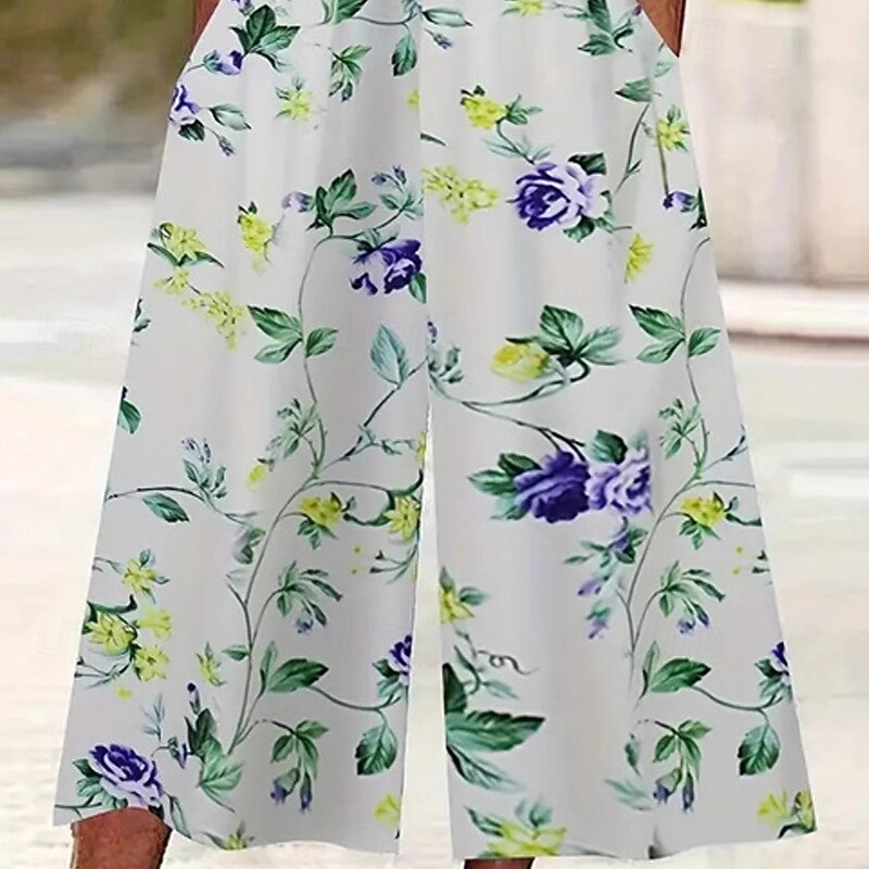 Women's Normal Jumpsuit Streetwear Floral Short Sleeve Wide Leg V Neck Pocket Print Street Daily Regular Fit White Summer3