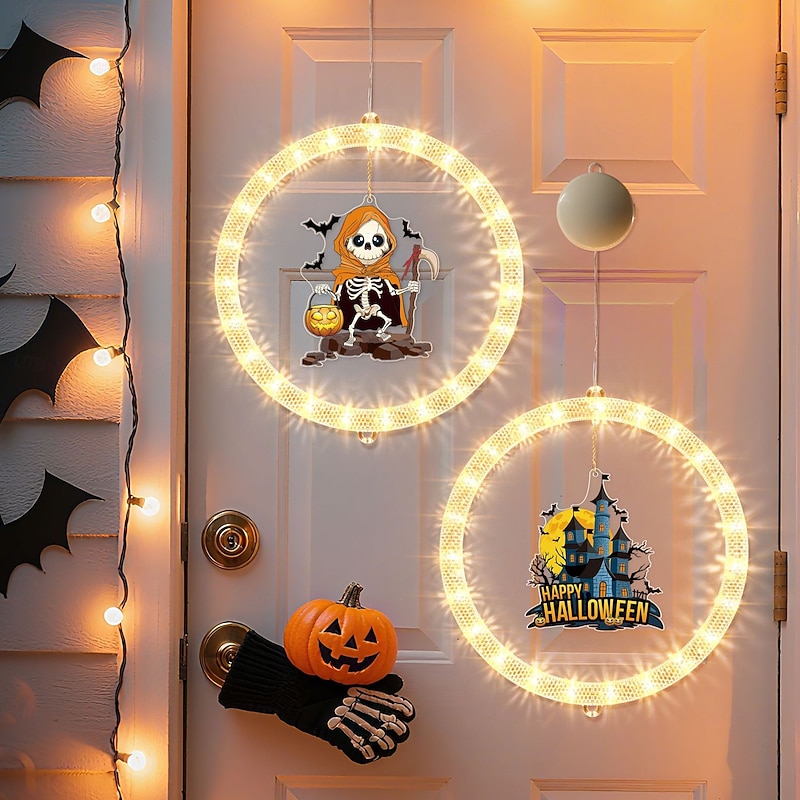 1 Pc diameter 27.6cm circular Halloween ghost castle black cat ghost bat cemetery suction cup window lamp indoor window party atmosphere decoration lamp warm light running horse lights AAA battery box4