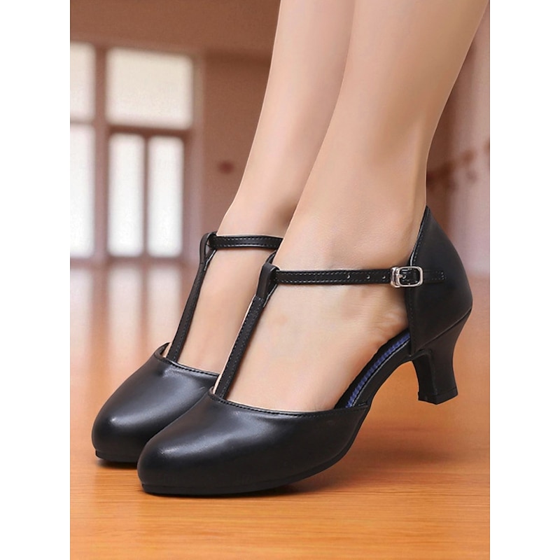 Women's Black T-Strap Dance Shoes - Comfortable Closed Toe Latin Ballroom Heels with Adjustable Buckle, Professional Performance Shoes for Salsa, Tango, and Practice Sessions2