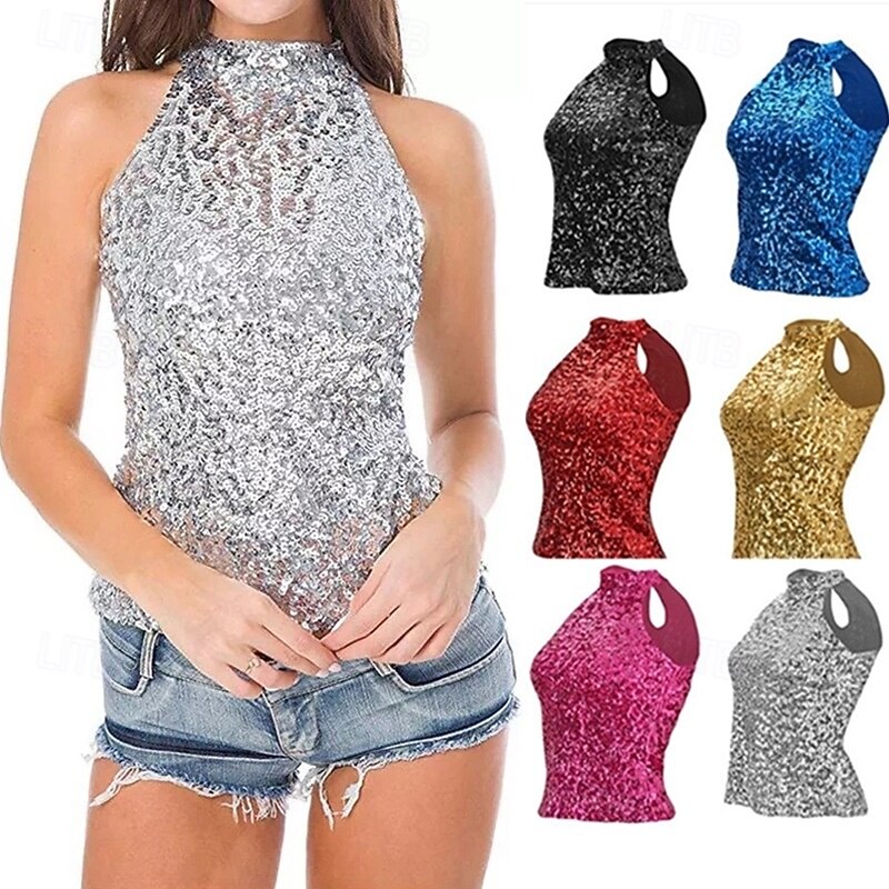 Womens Sparkly Sequin Tops Mock Neck Blouse Sleeveless Shiny Tank Top Sleeveless Glitter Outfits Party Shirt