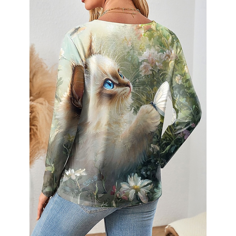 Women's T shirt Crew Neck Long Sleeve Tunic Floral Graphic Cat Vintage Stylish Classic  Round Neck Regular Tops Daily Weekend Print Green Spring Fall2