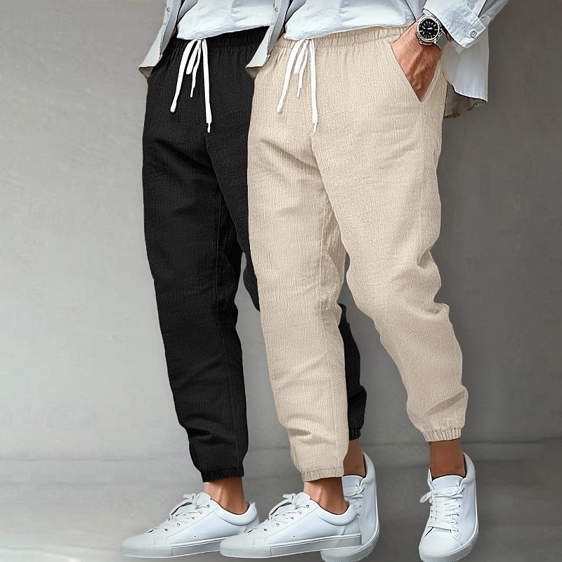 Men's Linen Pants Trousers Summer Pants Beach Pants Casual Pants Pocket Elastic Waist Solid Color Comfort Breathable Full Length Outdoor Home Daily Vacation Classic Style Light Khaki+Black Light2