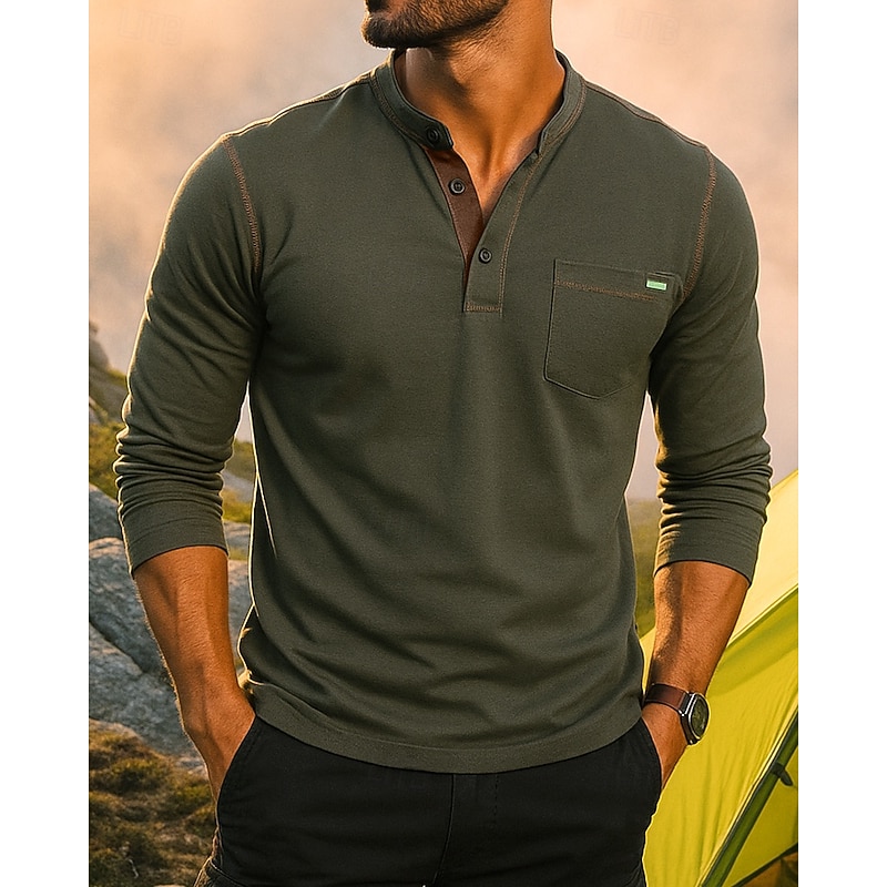 Men's Casual Sweatshirt Long Sleeve Henley Collar Top Outdoor Breathable Polyester Black White Red Tennis Golf Running