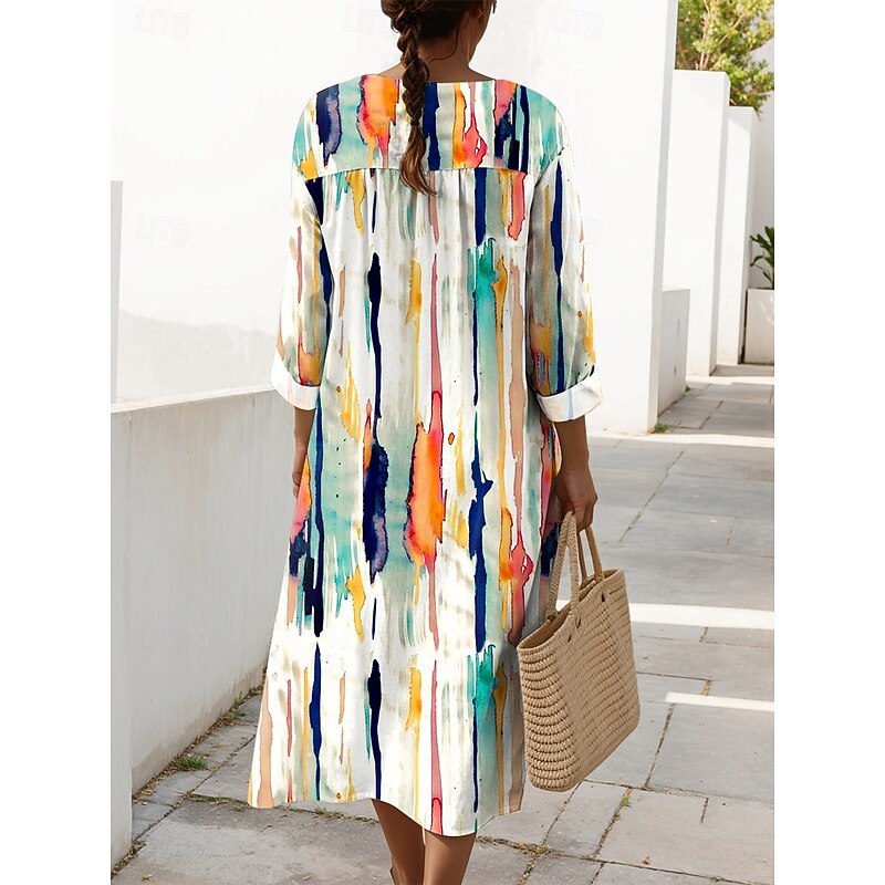 Women's Midi Dress V Neck Long Sleeve Kaftan Lightweight Loose Fit A Line Dress Casual Daily Graphic Geometric Long Sleeve V Neck Navy Yellow Green Beige Fall2