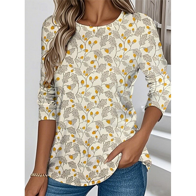 Easter Women's T shirt Crew Neck Long Sleeve Tunic Graphic Striped Plants Vintage Stylish Classic  Round Neck Regular Tops Daily Print Yellow Pink Blue Green Khaki Fall4