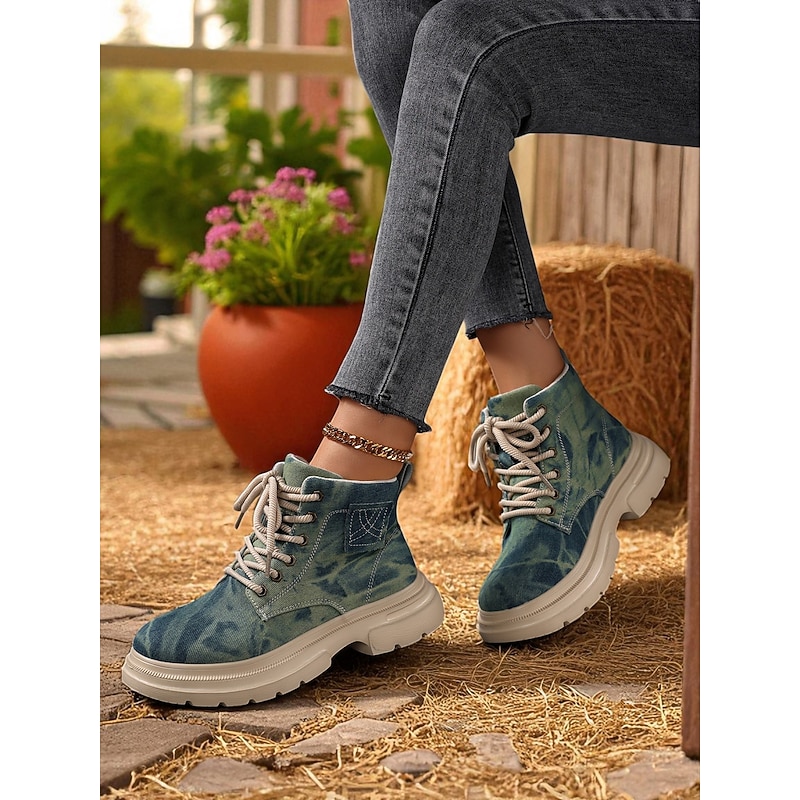 Women's Tie-Dye Denim Combat Boots – Chunky Lace-Up Streetwear Ankle Boots for Fall Hiking, Farm Days & Urban Outfits3