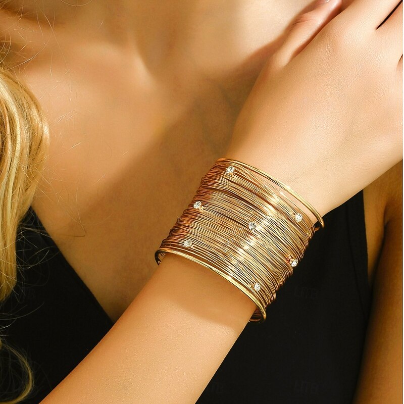 Women's Gold Layered Wire Cuff Bracelet - Rhinestone Studded Statement Bangle for Evening Parties and Cocktail Events3