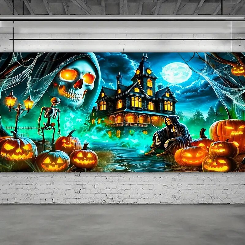 Halloween Garage Door Cover Haunted House with Pumpkins Banner, Large Tapestry Backdrop Decoration for Holiday Outdoor Garage Door and Home Wall, 2025 Halloween Decorations3