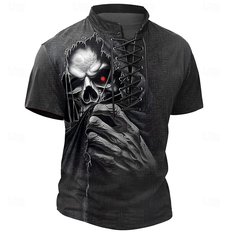 Halloween Men's Skull Henley Shirt T shirt Tee Short Sleeve T shirt 3D Print Crew Neck Lace Up Neck Henley Shirt Casual Street Sports Outdoor Casual Black 1 Black 2 Summer Spring All Seasons Clothing - Main Image