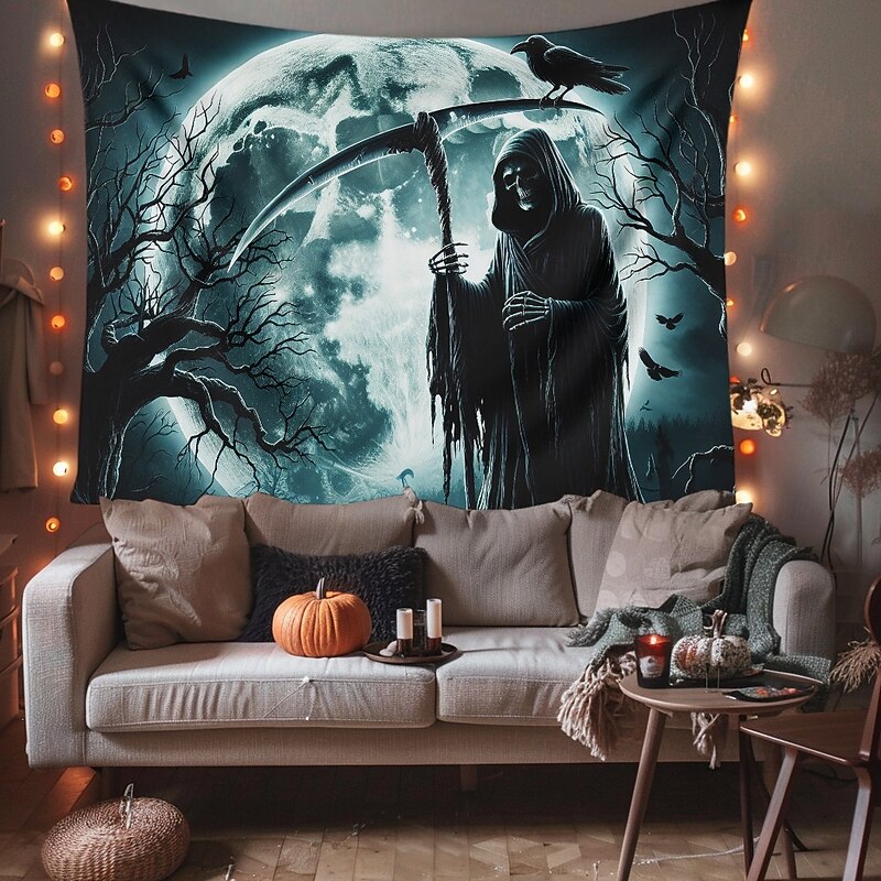 Halloween Hanging Tapestry Death under the Moon Photograph Backdrop Jack O Lantern Wall Art Large Tapestry Mural Decor Blanket Curtain Home Bedroom Living Room Decoration Death Selfie3