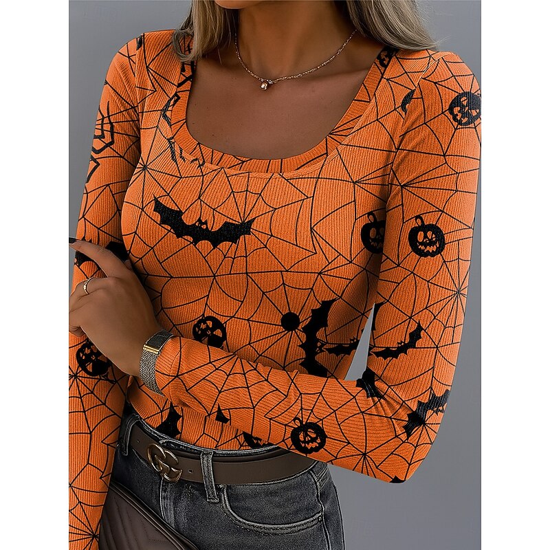 Halloween Women's T Shirt Skulls Ribbed Graphic Square Neck Long Sleeve Casual Letter Vintage Stylish Classic Regular Tops Daily Print Maroon Black Purple Orange Brown Spring Fall3