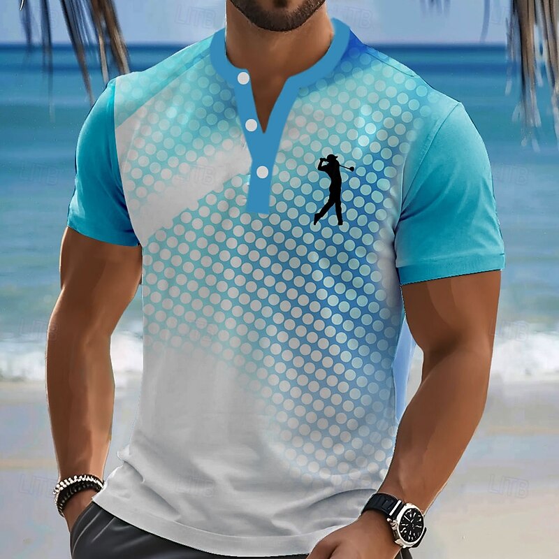 Men's Geometric T Shirt Henley Shirt Short Sleeve Designer Retro Vintage Casual Sports & Outdoor Street Casual Summer Spring Lake blue Green Navy Blue Henley Henley T-Shirt - Main Image