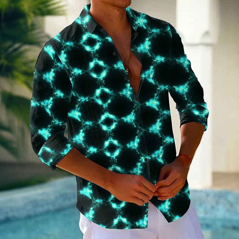 Men's Geometric Grid / Plaid Neon Glow Shirt Button Up Shirt Casual Dress Shirt Long Sleeve Fashion Casual Vacation Daily Streetwear Summer Spring Turndown 3D Print Collared Shirts Red Blue Purple