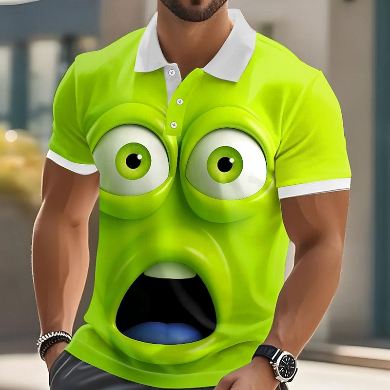 Men's Cartoon Funny Smile Face Polo Short Sleeve Polo Shirts Lapel Ugly Casual Resort Outdoor Street Gift Athleisure 3D Print Buttons Summer Light Green Blue Green3