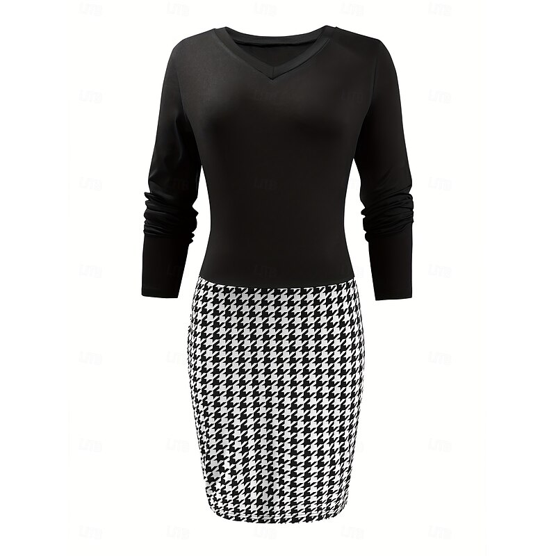 Women's Mini Dress Print Dress Fashion Modern Daily Tea Party Going out Loose Fit Color Block Houndstooth Long Sleeve V Neck Black Spring Fall3