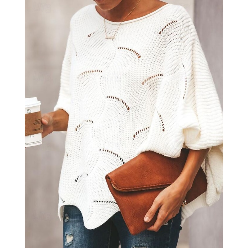 Women's Sweater Pullover Casual Soft Solid Color Ribbed V Neck Hollow Out Knitted Long Sleeve Regular Tops Knit Outdoor Holiday Going out Black White Fall3