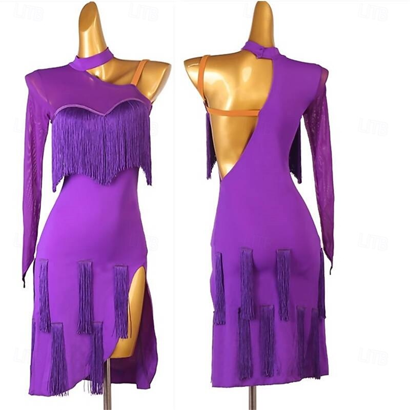Violet Veil Latin Dance Dress for Women – Sparkly Sequin Fringe Costume, Perfect for Cha‑Cha, Rumba & Ballroom Performance3