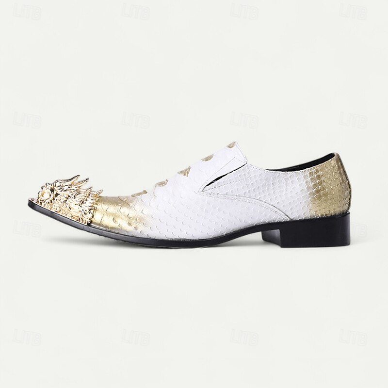 Men's White and Gold Genuine Cowhide Loafers with Studded Metal Toe Modern Punk Style Dress Shoes for Nightlife Parties Stage Performances3