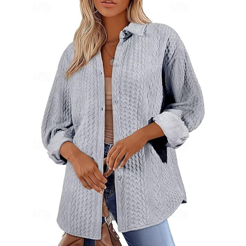 Women's Shirt Jacket Textured Jackets Comfortable Buttons Casual Plain Holiday Going out Single Breasted Regular Turndown Regular Fit Long Sleeve Outerwear Black White Pink Fall