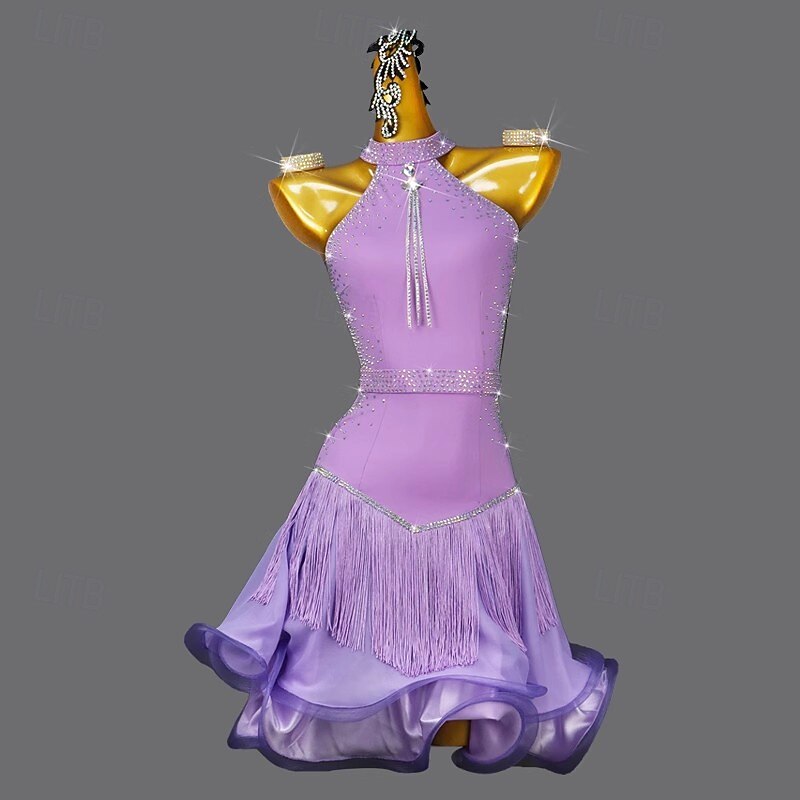 Latin Salsa Dance Dress Crystal / Rhinestone Tassel Pure Color Women's Performance Party Sleeveless Nylon