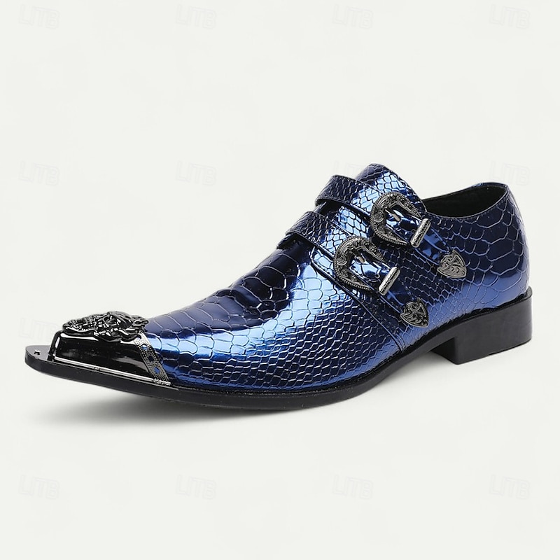 Men's Blue Crocodile-Patterned Monk Strap Shoes - Premium Cowhide Double Buckle Monk Shoes for Men - Perfect for Fashion-Forward Formal Events and Special Occasions2