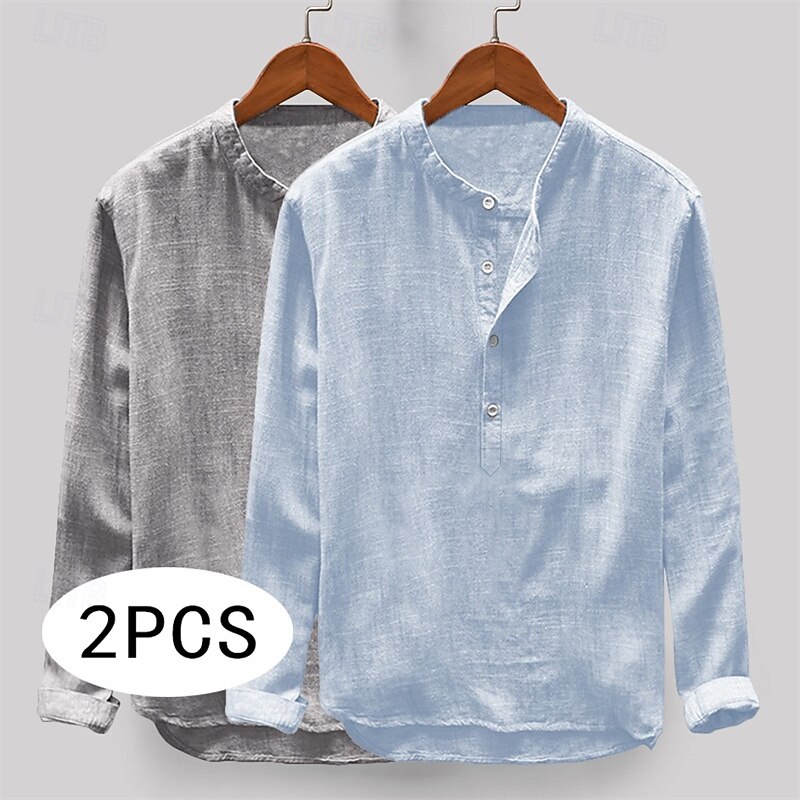 Men's Linen Shirt Band Collar Shirt Summer Shirt Beach Wear Solid Color Vacation Casual Light gray+blue Dark Gray+Light Gray Blue+Khaki Khaki+Dark Grey Long Sleeve Collar Summer Spring Clothing