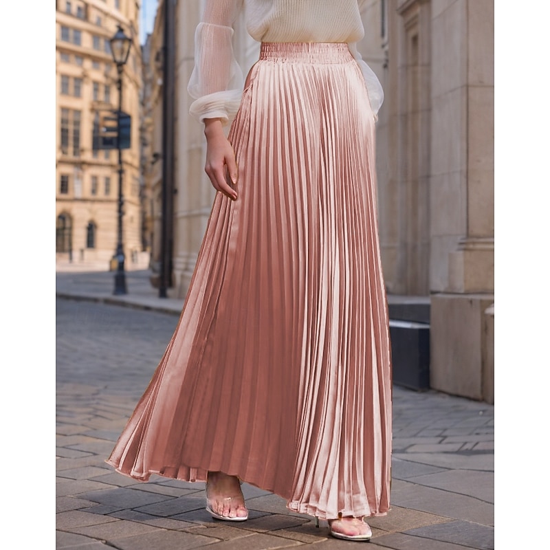 Women's Skirt Long Skirt Fashion Long Maxi High Waist Skirts Solid Colored Ruched Pleated Shimmery Micro-elastic Daily Holiday Apple Green Apricot Wine Red Pink purple Spring, Fall, Winter, Summer