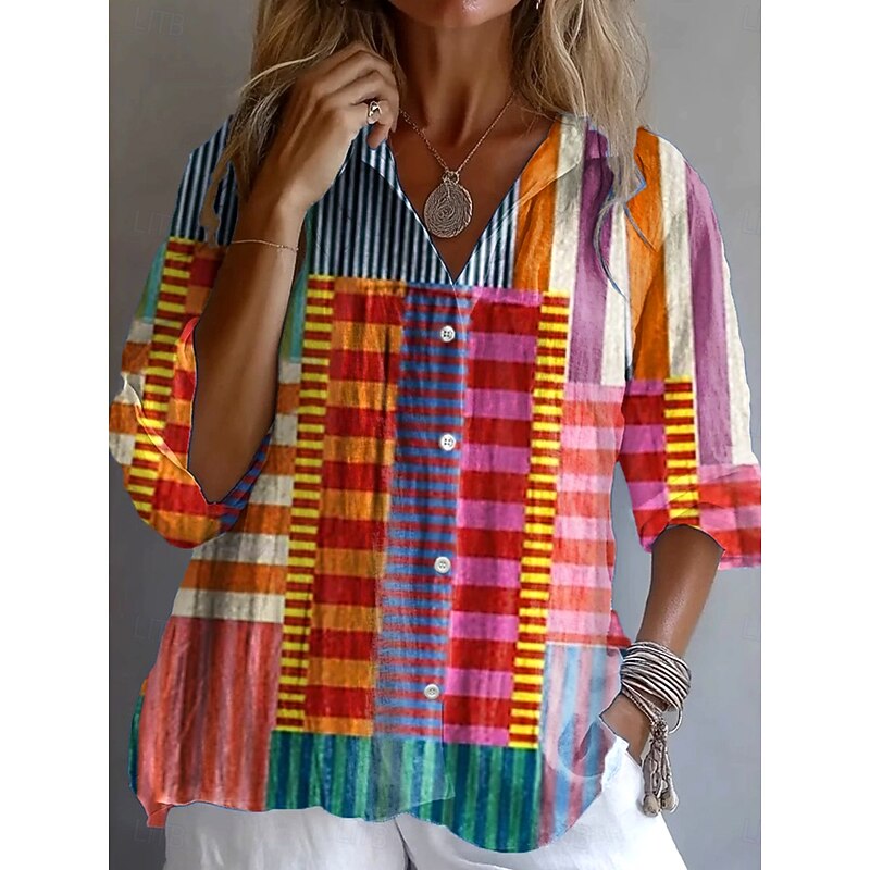 Women's Shirt Button Down Tunic Shirt Collar Long Sleeve Graphic Geometric Striped Vintage Tropical Daily Regular Tops Work Daily Holiday s Print Rainbow Spring Fall