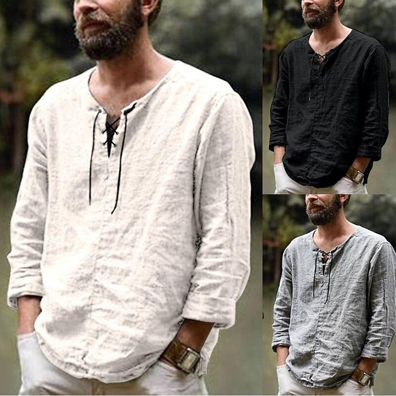 Medieval Renaissance 17th Century Medium Length Blouse / Shirt Cosplay Costume Knight Ritter Viking Elven Drawstring Solid Colored Fancy Dress Men's Pirate Halloween Masquerade Casual Daily