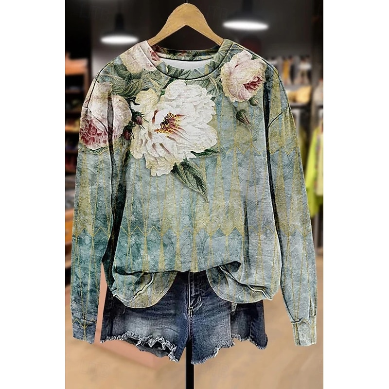 Halloween Women's Pullover Sweatshirt LOVE Floral Graphic Warm Active Vintage Long Sleeve Crew Neck Round Neck Regular Tops Street Dailywear Casual Print Pink Blue Green Spring Fall Winter3