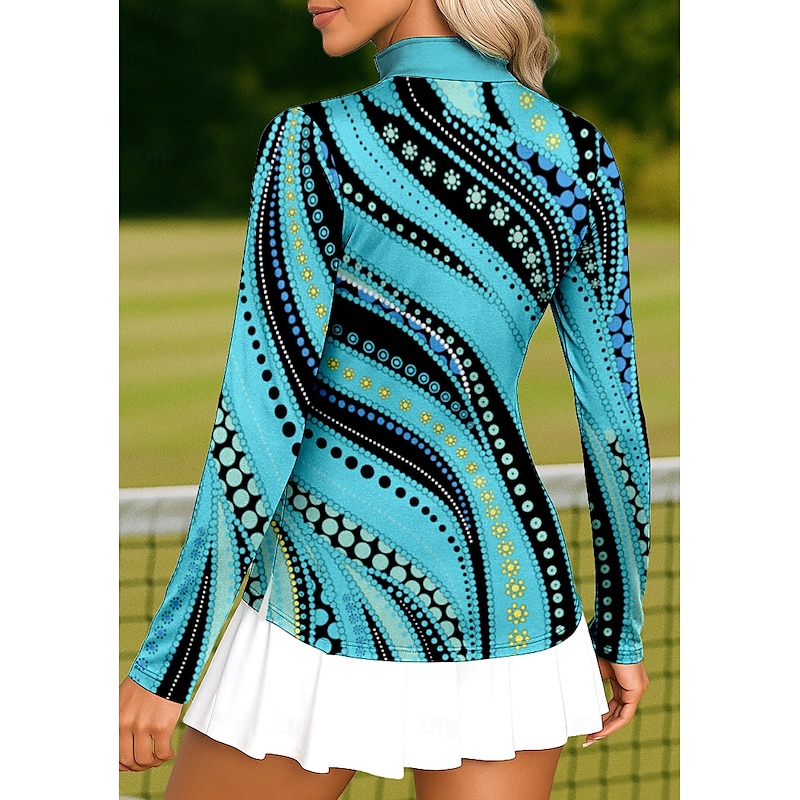 Women's Geometric Golf Polo Shirt Tennis Shirt Tennis Tee Long Sleeve Print Quarter Zip Pullover UV Protection Elastic Breathable Volleyball Tennis Golf Stand Collar Zip Collar Shirt Polo Blue and2