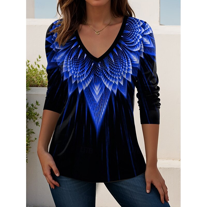 Women's T Shirt V Neck Long Sleeve Tunic Graphic Geometric Vintage Stylish Classic Regular Tops Daily Going out Weekend Print Black Blue Spring Fall2