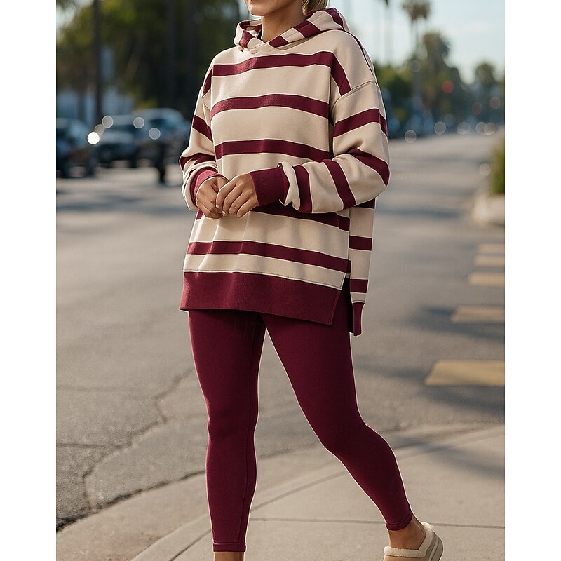 Women's Tracksuit Sweatpants Track Pants Hooded Striped Clothing Suit Fall & Winter Pink Apricot Gym Training Running Windproof Long Sleeve Sport Activewear Micro-elastic Loose Fit3