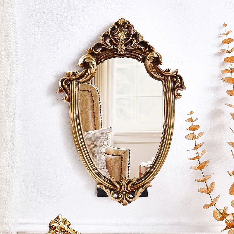 Vintage European Gold Ornate Decorative Mirror, Irregular Shaped Resin Mirror for Wall or Tabletop Display, Classic Baroque-Style Vanity Mirror for Home Wall or Makeup Table Decor
