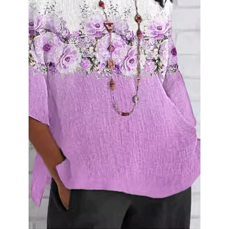 Women's T Shirt Ombre Floral Graphic Vintage Classic Casual 3/4 Length Sleeve V Neck Regular Tops Daily Weekend Beach Wear Print Violet Summer Spring Fall3