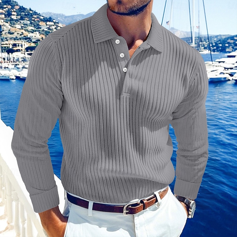 Men's Rib Knit Top Golf Shirt Street Casual Lapel Long Sleeve Basic Modern Plain Buttons Spring Fall All Seasons Regular Fit White Blue Navy Blue Grey Rib Knit Top