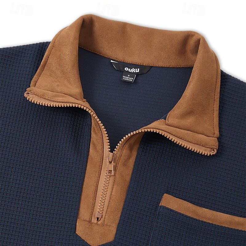 Men's Sweatshirt Waffle Sweatshirt Pullover Hoodie Sweatshirt Quarter Zip Sweatshirt Black Navy Blue Standing Collar Plain Patchwork Color Block Sports & Outdoor Casual Daily Active Vintage Cool4